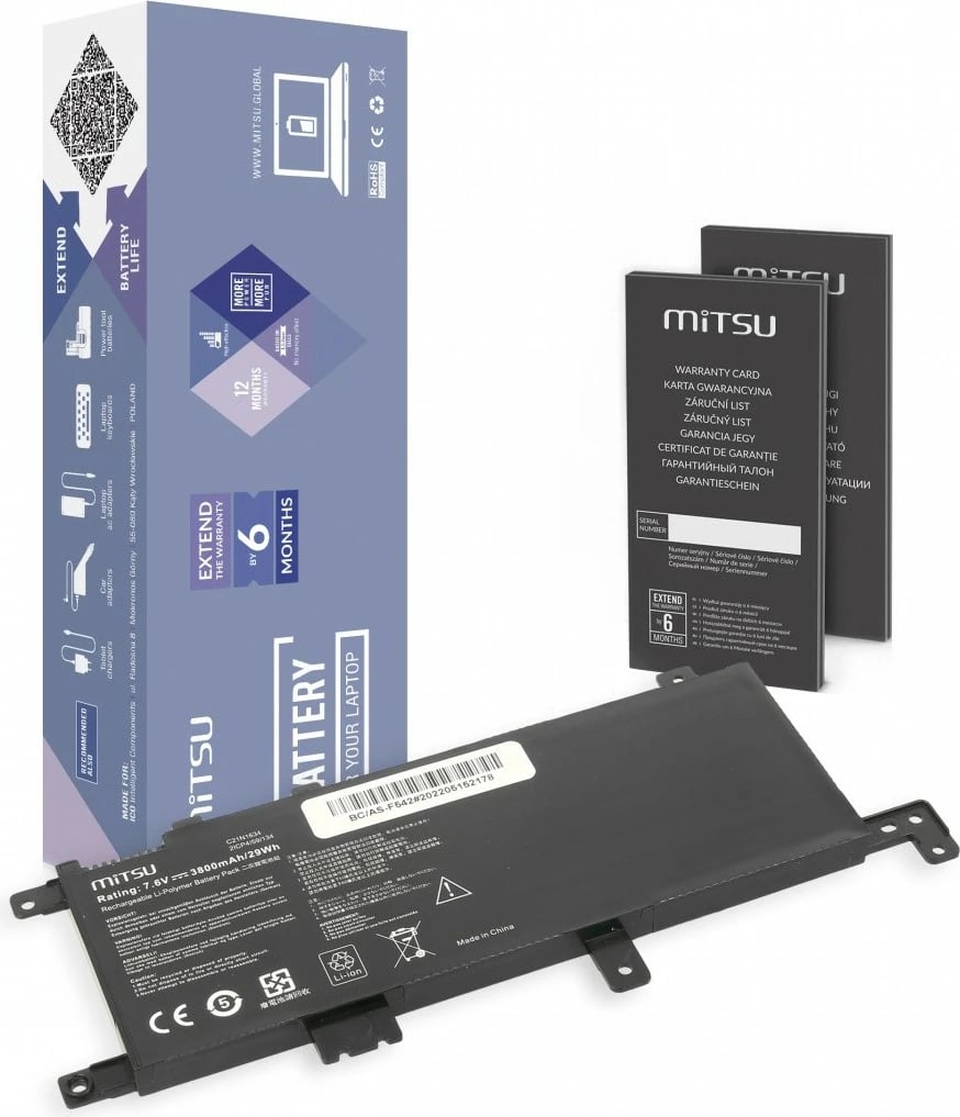 Bateri laptop Mitsu për Asus F542, 3800 mAh, 7.6V, Li-poly, Zezë