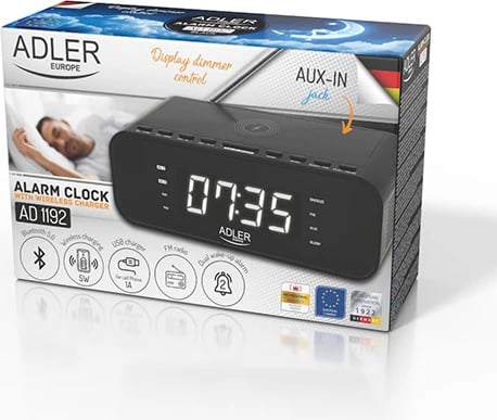 Zgjuarëse radio, Adler, AD 1192B, Bluetooth 5.0 FM, karikim wireless 5W dhe USB 1A, alarm i dyfishtë, e zezë