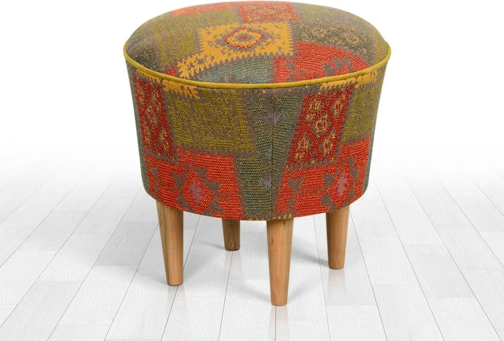 Puf Patchwork Bohemian, këmbë druri, shumëngjyrësh, 42x42cm
