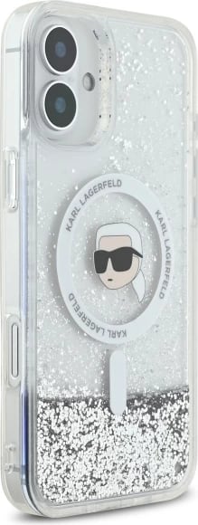 Mbështjellës Karl Lagerfeld Liquid Glitter Karl Head MagSafe për iPhone 16 Plus, Transparent