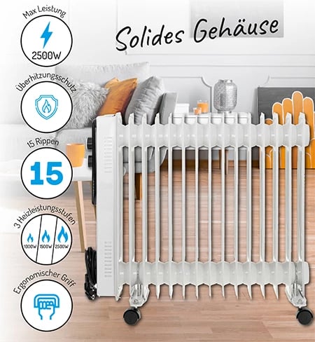 Radiator me vaj, Adler, 7819, 2500W 15 seksione, 3 nivele ngrohjeje, termostat, i bardhë