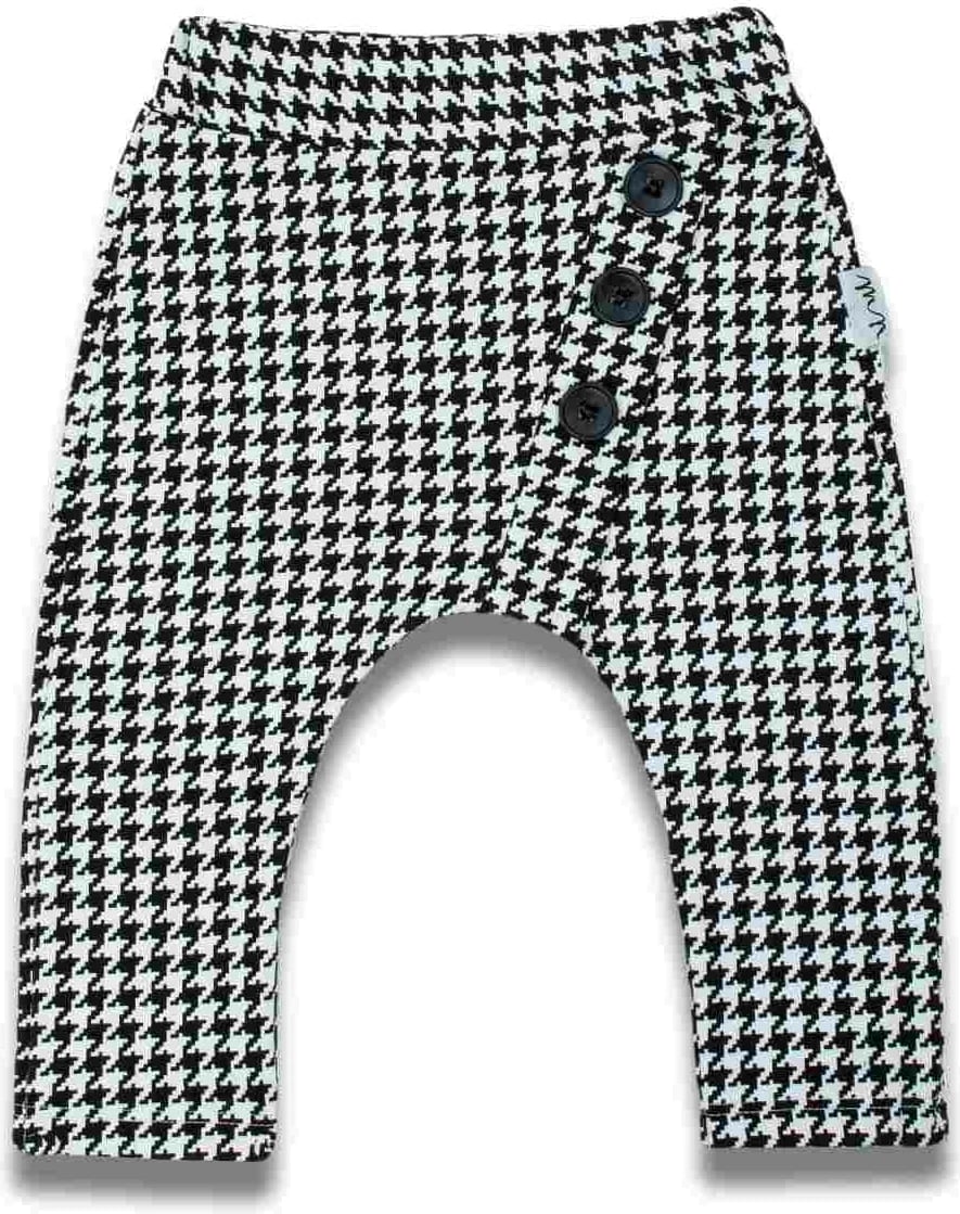 pantallona bebe Nicol Viki, madhësi 56 (0-3m), pambuk 98% me elastan 2%, bel i gjerë, fundkëmbë me thurje, desen houndstooth, bardh e zi