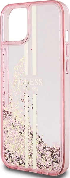 Mbështjellës Guess Liquid Glitter Gold Stripes për iPhone 15 Plus / 14 Plus, Rozë