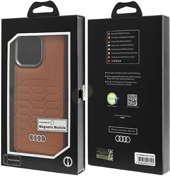 Mbështjellës Audi për iPhone 15 Pro Max, lëkurë sintetike, MagSafe, kafe