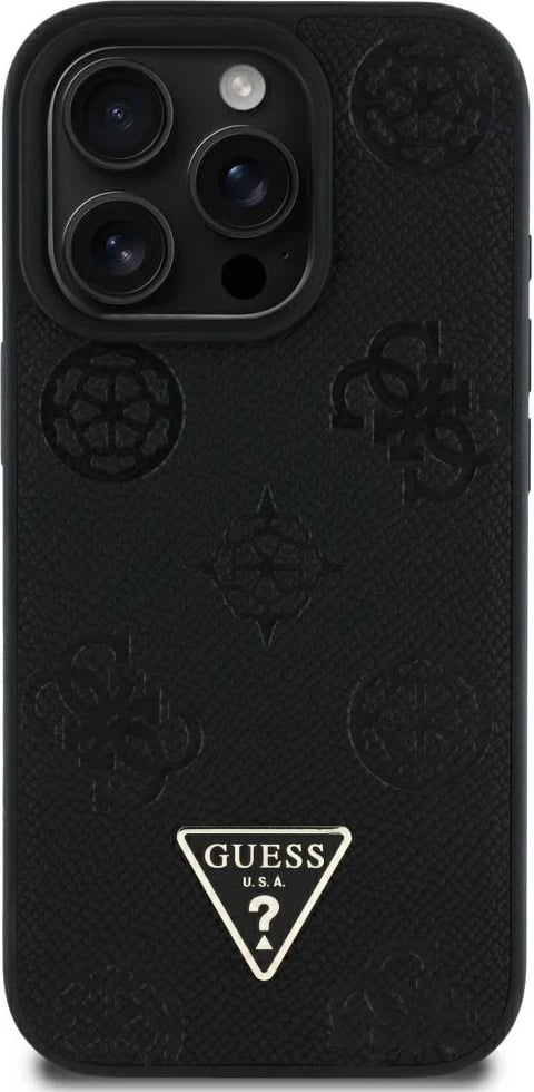 Mbështjellës Guess Grained Hot Stamp Peony Triangle Logo MagSafe për iPhone 16 Pro Max, i zi