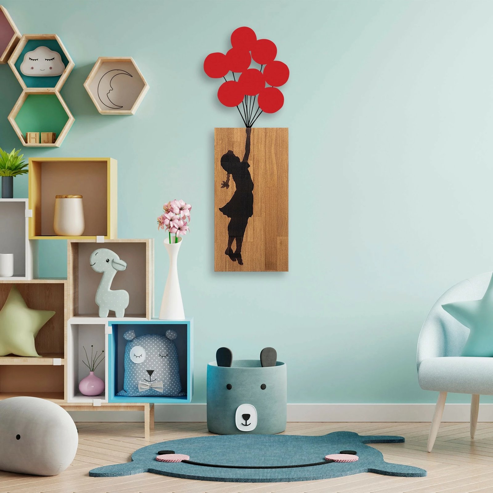 Aksesor dekorativ prej druri për mur, Wallity Banksy - 17, ngjyrë arre dhe e zezë, 70x62cm