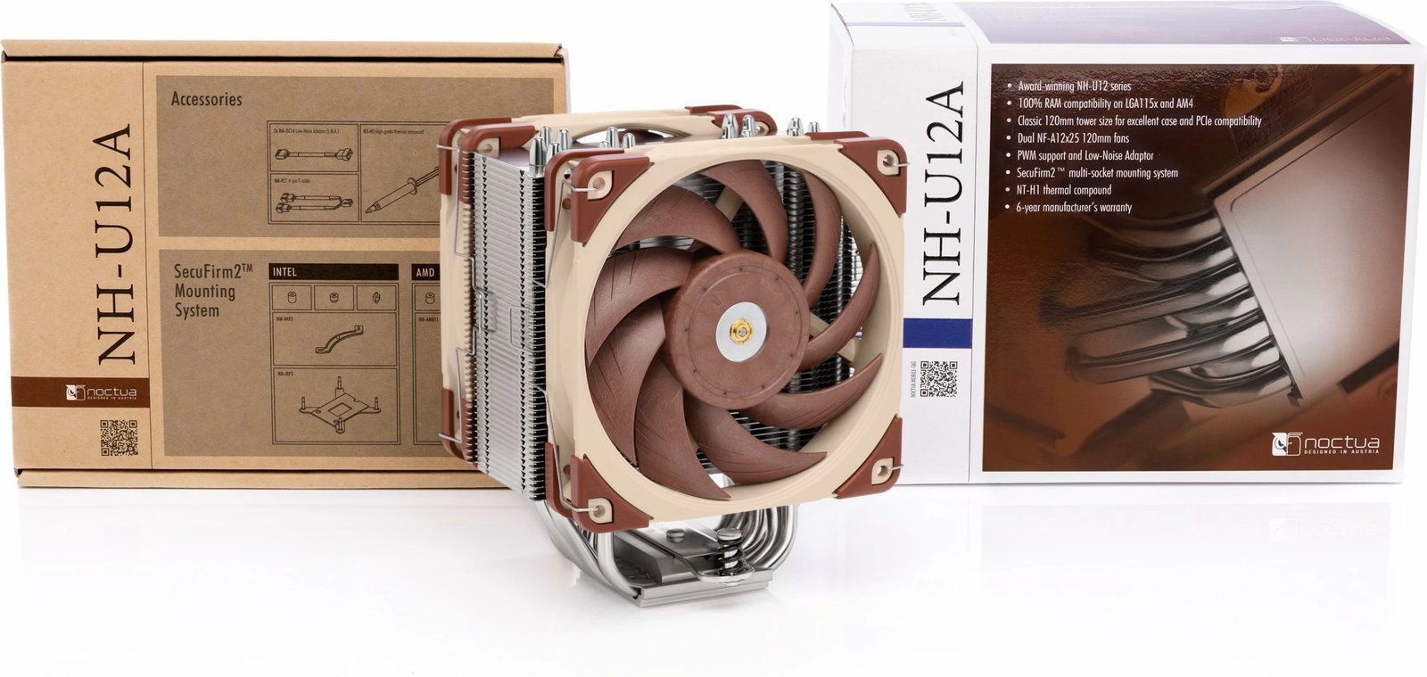 Cooler NOCTUA NH-U12A, 2 ventilatorë, PWM, 120mm, kafe/bezhë