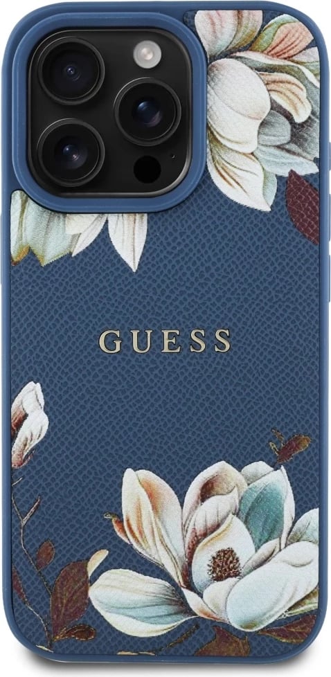 Mbështjellës Guess Grained Printed Flower Pattern MagSafe për iPhone 16 Pro, Blu