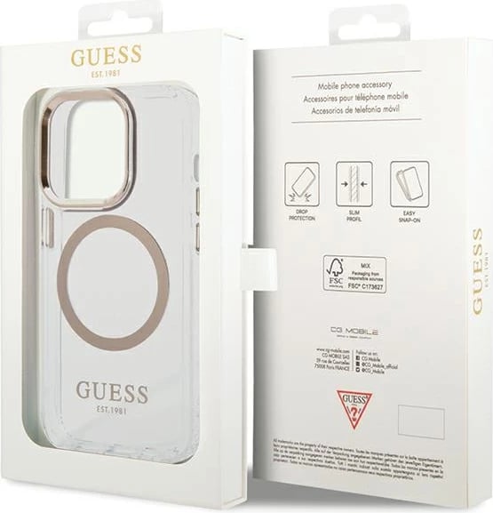 Mbështjellës Guess Metal Outline MagSafe për iPhone 15 Pro, Ari