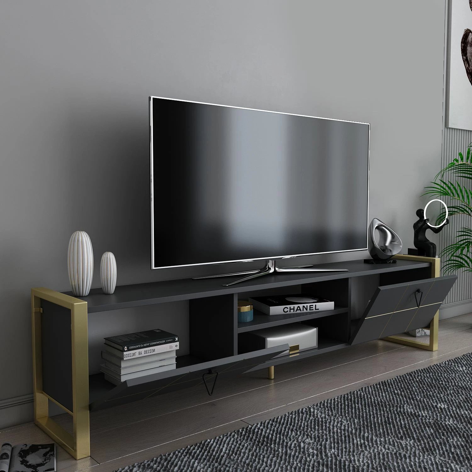 Komodë TV Skye Decor, Mila, antracit dhe ar