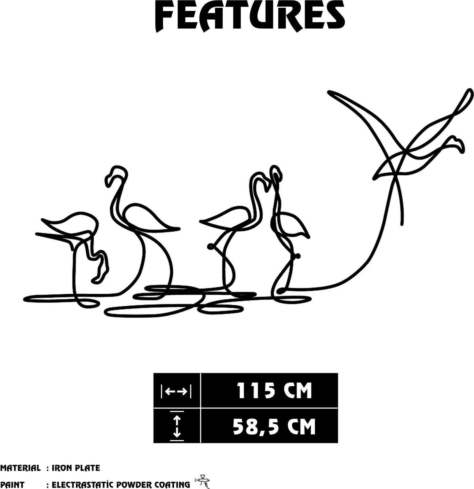 Aksesor dekorativ metalik për mur, flamingo, Wallity 316 M, ngjyrë e zezë, 115x58.5cm