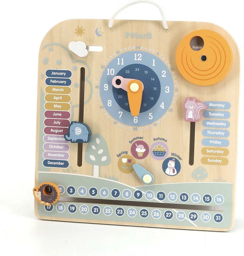 Lodër edukative kalendër druri me orë, Viga, PolarB, 29.5 x 29.5 x 3 cm, multingjyrësh