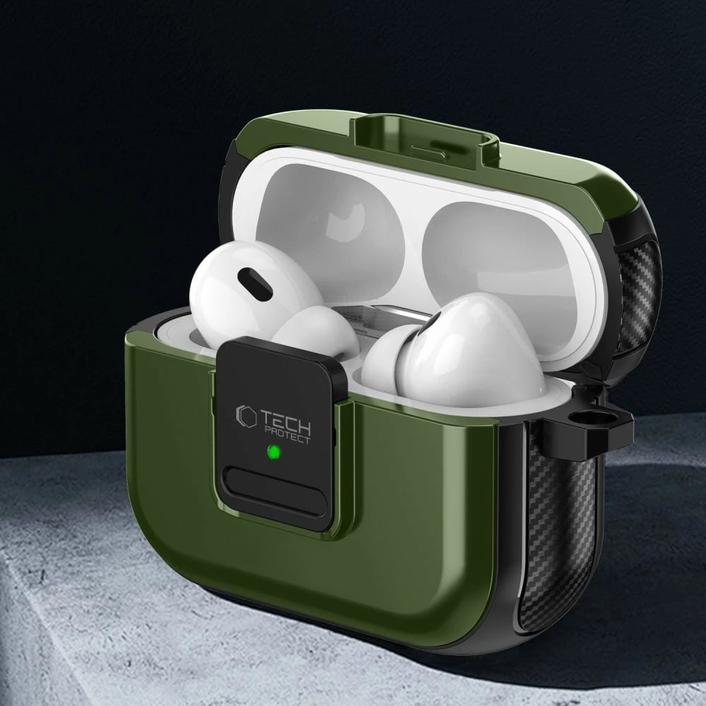 Mbështjellës Tech-Protect Defender me karabiner për AirPods Pro/Pro 2, MagSafe, Gjelbër