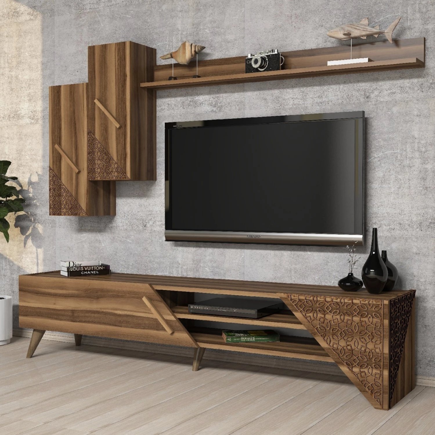 Mobilje TV kombo FH9514.02 melamin ngjyrë arre 180x37x40Hcm