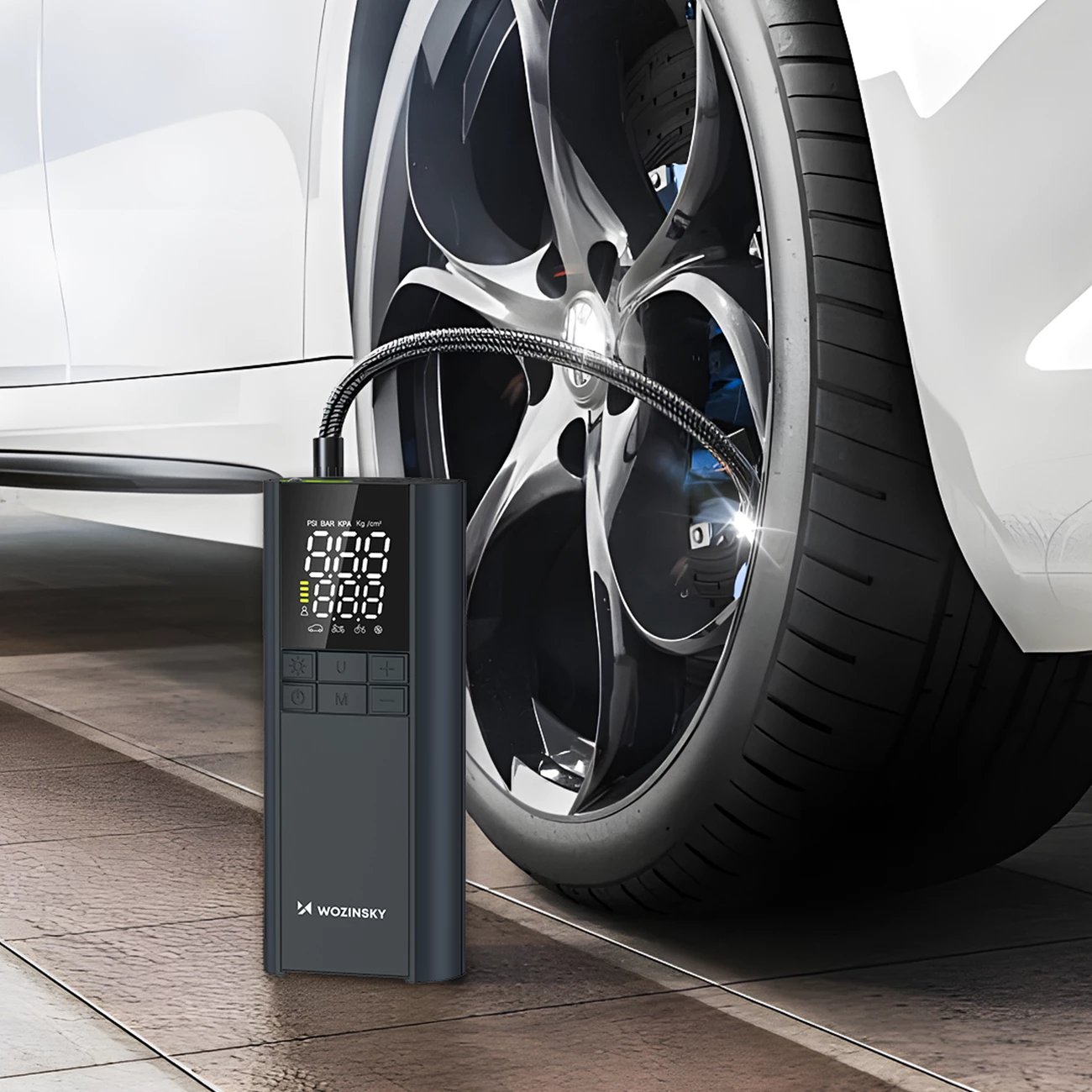 Kompresor elektrik Wozinsky WPEP-8000, power bank 8000 mAh, 150 PSI, USB-C, elektrik dore LED, e zezë