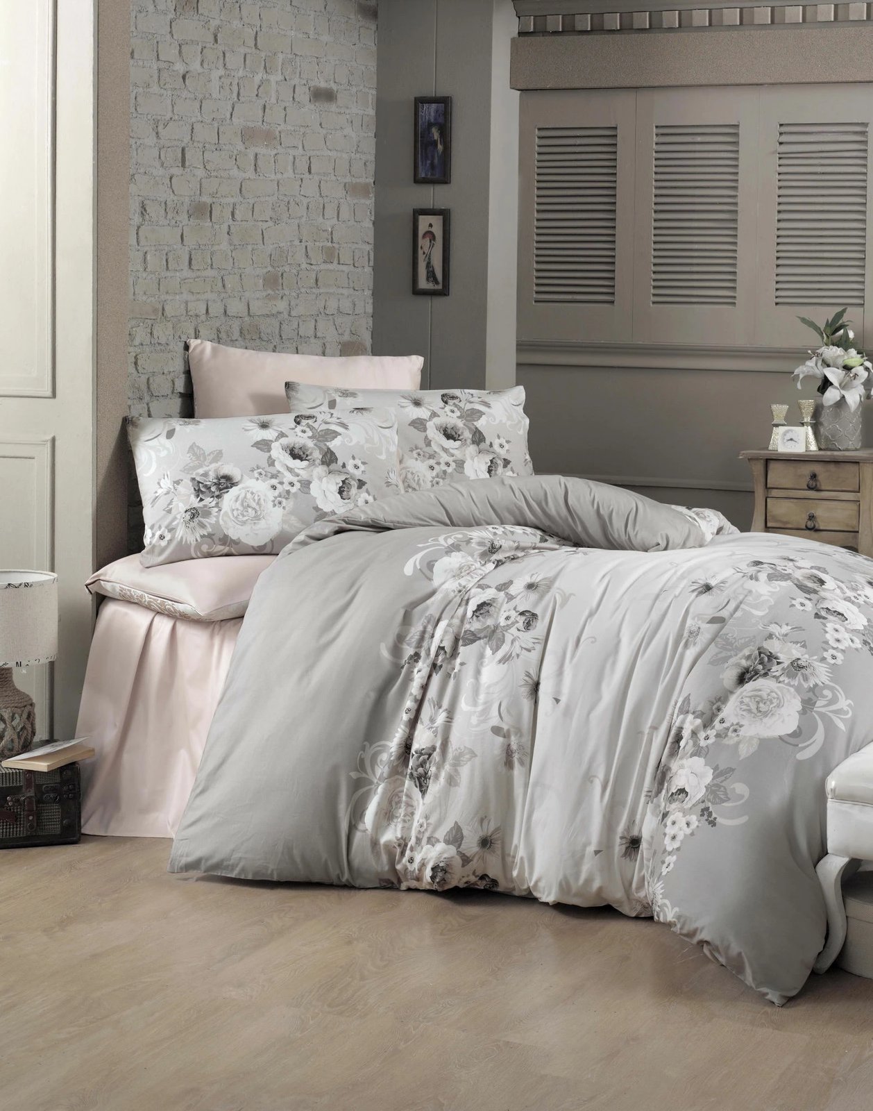 Set mbulesë për jorgan king size satin, L'essentiel, ngjyrë e bardhë, gri, powder