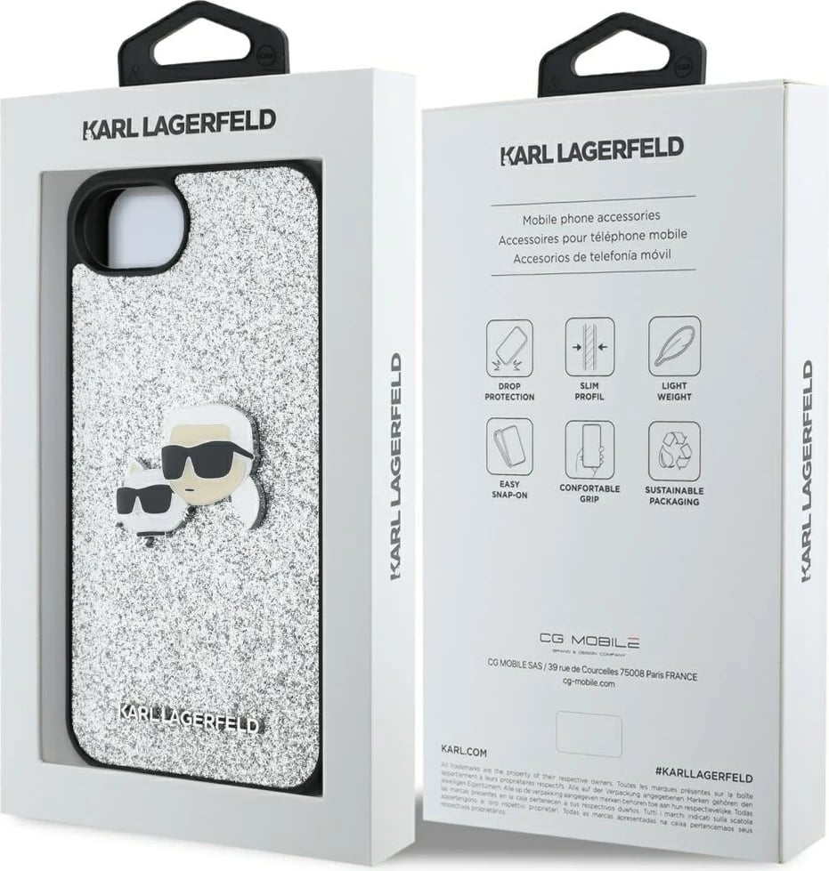 Mbështjellës Karl Lagerfeld Fixed Glitter Ikonik Metal Pin për iPhone 16e, argjendtë