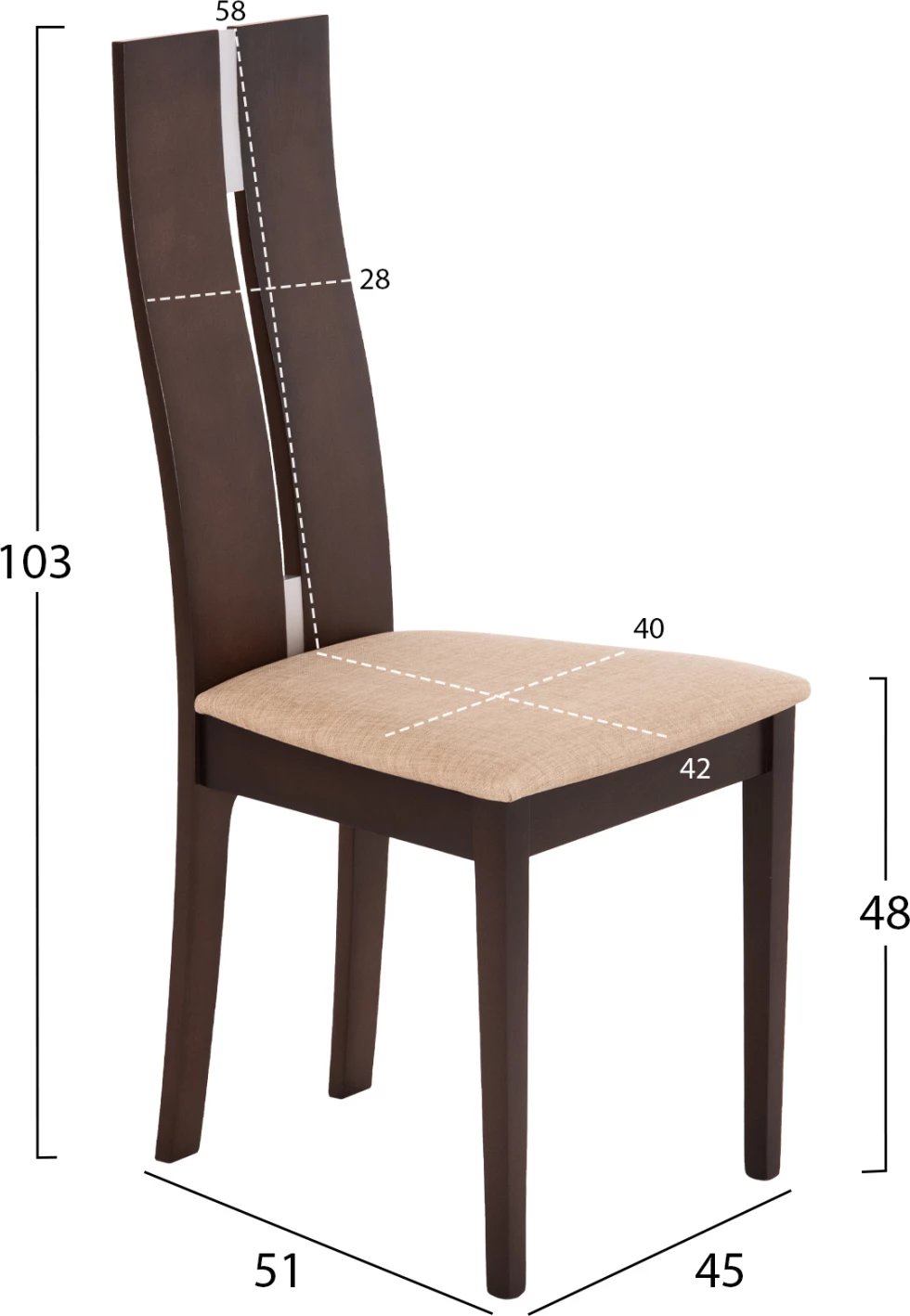 Karrige për tavolinë ngrënieje, ngjyrë arre, pëlhurë bezhë, FH0071.01, 45x51x103 cm, set prej 2 copash