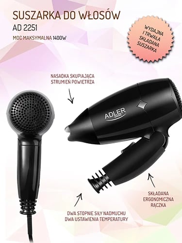 Tharëse flokësh Adler AD 2251 1400 W 2 shpejtësi 2 temperatura dorezë palosëse me koncentrator e zezë