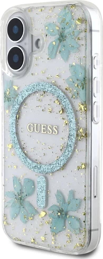 Mbështjellës Guess Resin Flowers Glitter MagSafe për iPhone 16, Transparent, Gjelbër