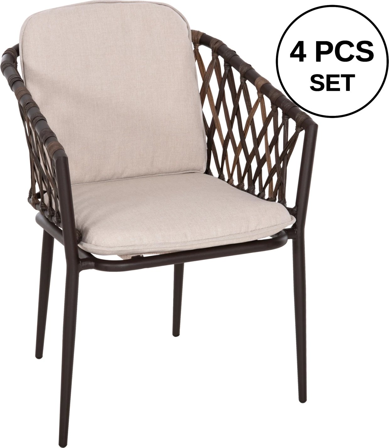 Karrige alumini BOLLY FH6080, kornizë kafe-sintetik ratan, jastëkë kafe-bezhë, 58.5x67x86H cm, set prej 4 copë