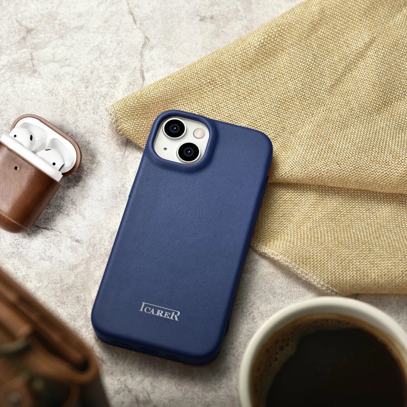 Mbështjellës iCarer CE Premium lëkurë, për iPhone 14 Plus, MagSafe, Kaltër