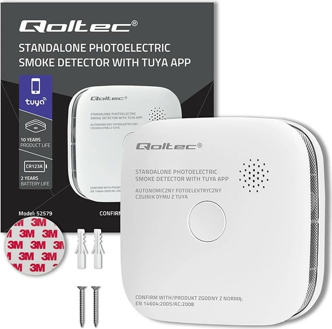 Detektor tymi smart Qoltec 52579, Wi‑Fi Tuya, alarm 85 dB, LED, me bateri CR123A 3V, i bardhë