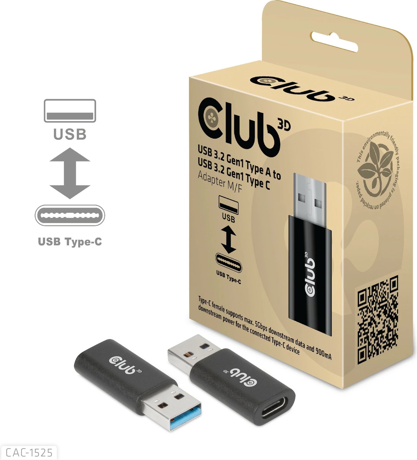 Adapter USB Club3D USB 3.2 Typ A në Typ C, i zi