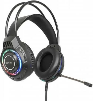 Kufje gaming MANHATTAN RGB LED, USB, over-ear, me mikrofon, e zezë