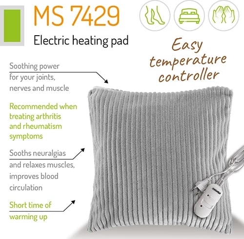 Jastëk ngrohës elektrik, Adler MS 7429, 38x38 cm, 2 nivele temperature, 80W max, gri
