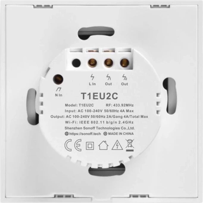Kasë smart Sonoff T1 EU TX, 2 kanale, WiFi + RF 433MHz, e bardhë