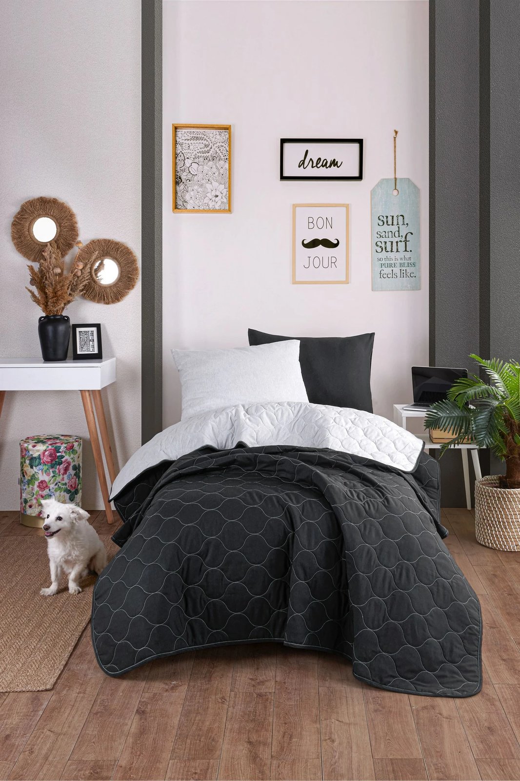 Set mbulesë krevati teke, ngjyrë e zezë dhe gri, L'essentiel