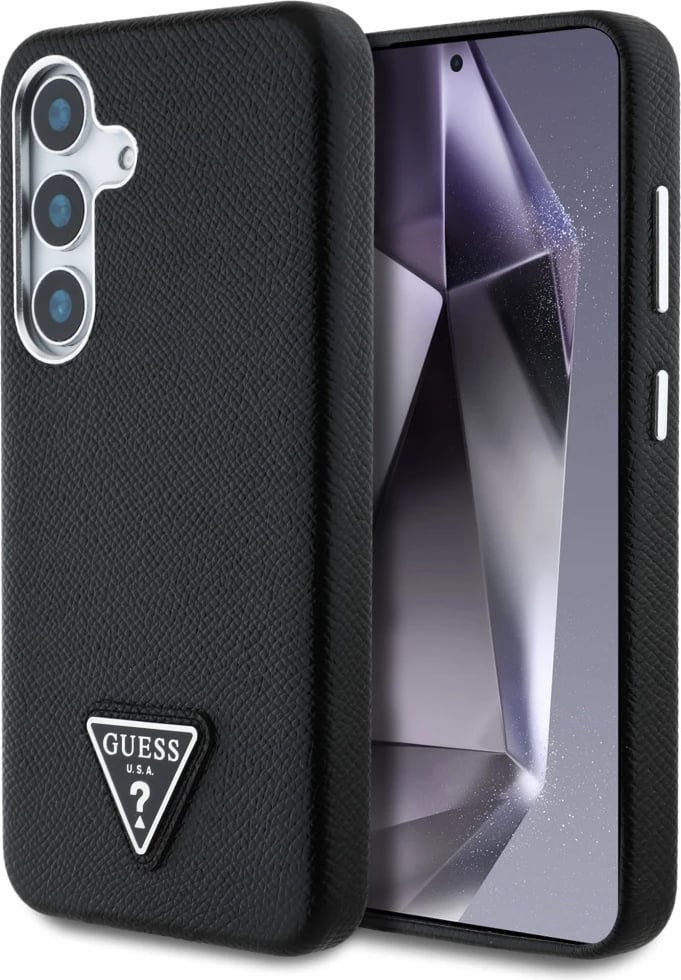 Mbështjellës Guess Grained Triangle Logo MagSafe për Samsung Galaxy S25, i zi