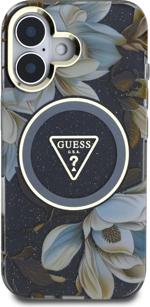 Mbështjellës Guess Glitter Flowers Triangle Buttons MagSafe për iPhone 16, i zi