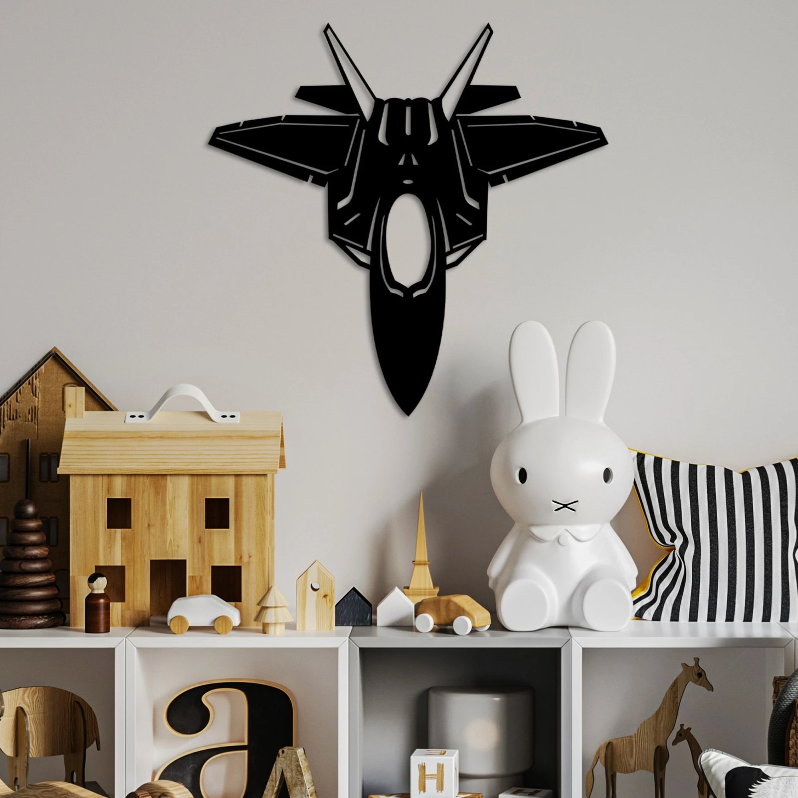 Aksesor dekorativ metalik për mur, Wallity, F-22 RAPTOR, ngjyrë e zezë, 57x56cm