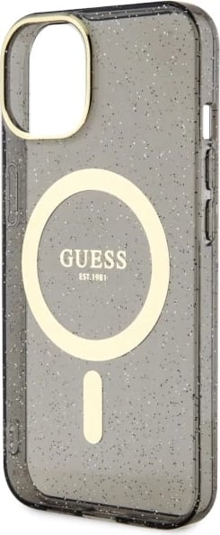 Mbështjellës Guess Glitter Gold MagSafe për iPhone 14, i zi