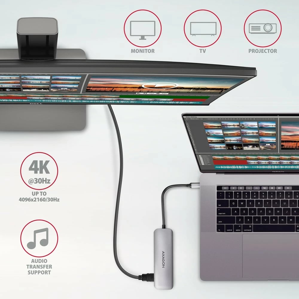 Kasë multiport AXAGON HMC-HCR3A, 3x USB-A, HDMI, SD/microSD, USB-C 3.2 Gen1, 20cm, Gri