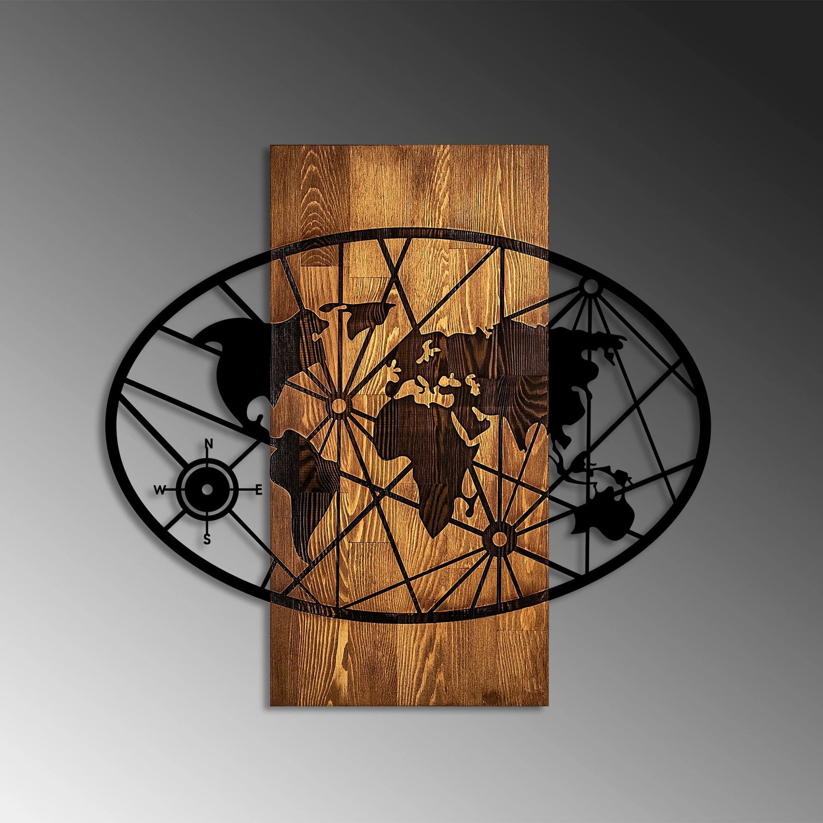 Aksesor dekorativ për mur, hartë bote, dru arre & e zezë, Wallity, 57x62cm