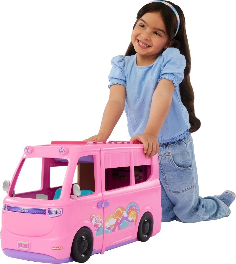 Set lodrash Barbie Dream Camper Mattel HRJ78, me 60+ aksesorë, rozë