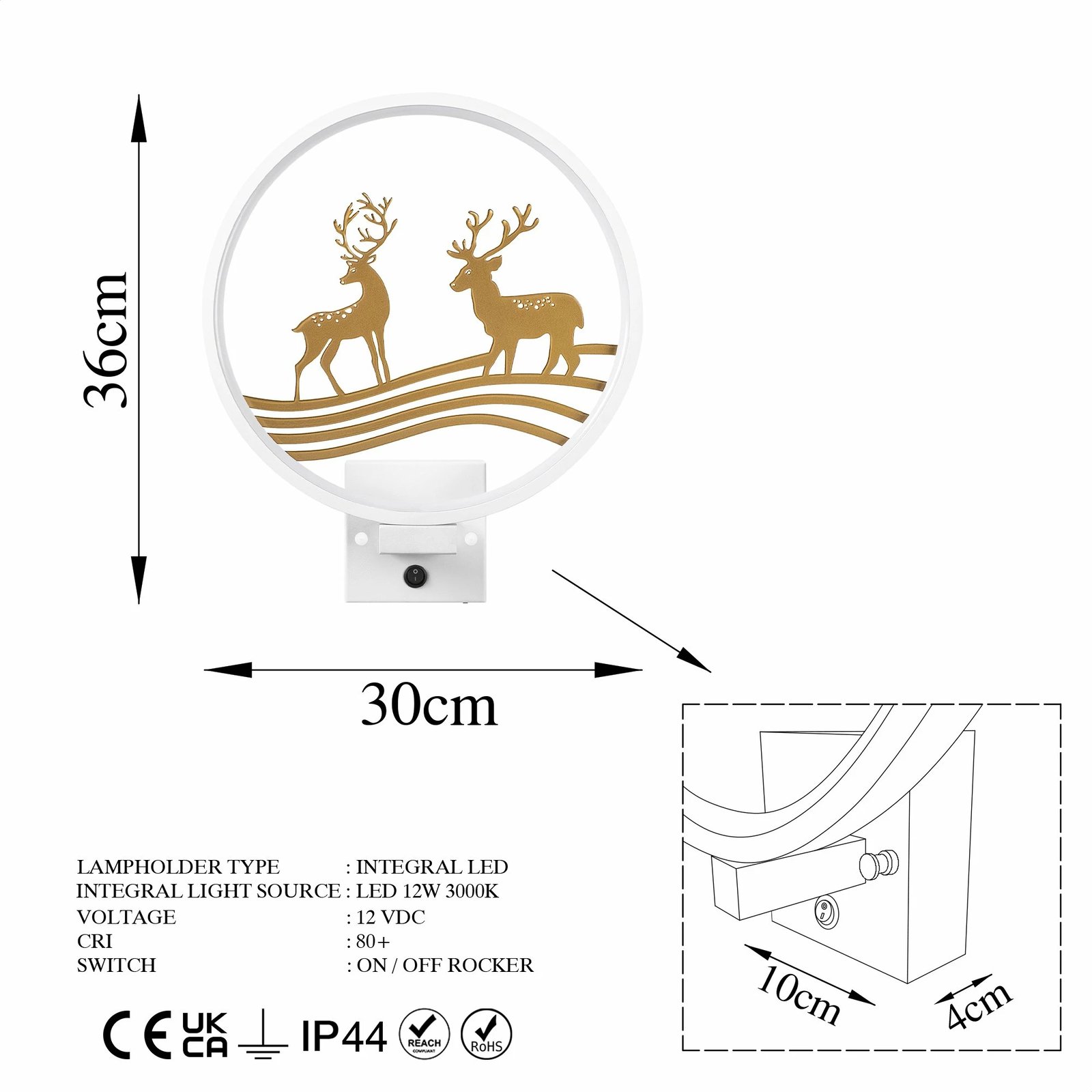 Llambë muri dekorative, Opviq XMAS30, e bardhë dhe ari, motiv kafshësh, 30x36x10cm