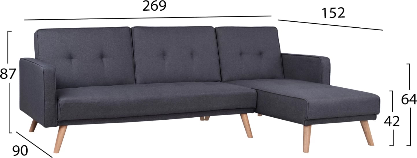 Kënd divan i kthyeshëm, krevat, material gri, Talia FH3153, 269x152x87cm