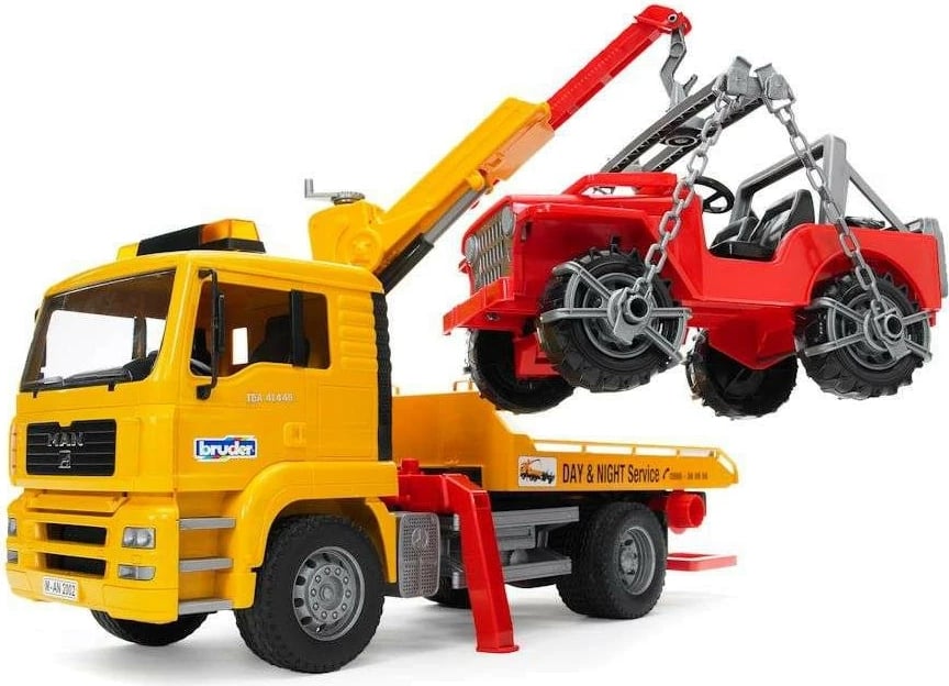 Kamion asistence rrugore BRUDER MAN TGA me Jeep, 1:16, plastikë, e verdhë/e kuqe, set lodrash