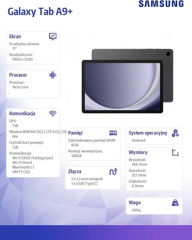 Tablet Samsung Galaxy Tab A9+ 11", 6GB RAM, 128GB, Gri
