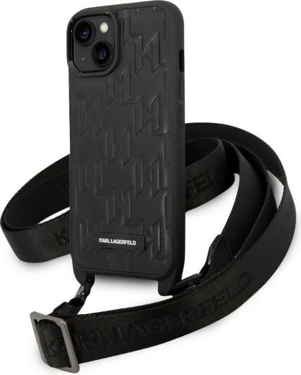Mbështjellës Karl Lagerfeld Monogram Plaque Logo për iPhone 14/15/13 6.1", i zi me rrip