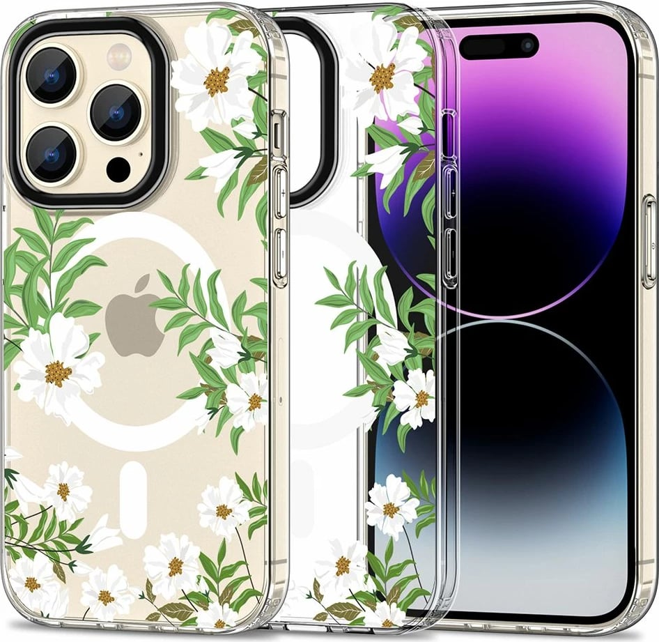 Mbështjellës Tech-Protect MagMood MagSafe për iPhone 15 Pro Max, lule me gjethe, i bardhë/transparente