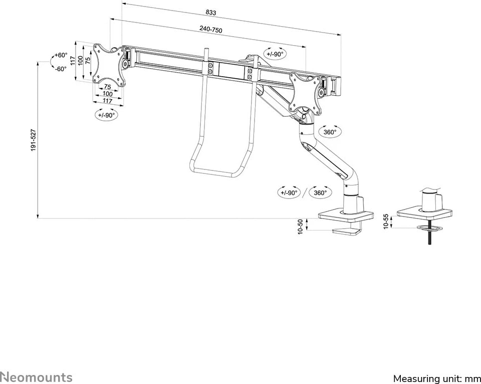 Krah monitori Neomounts DS75S-950BL2, Clamp/Grommet, 8 kg, 17"-32", i zi