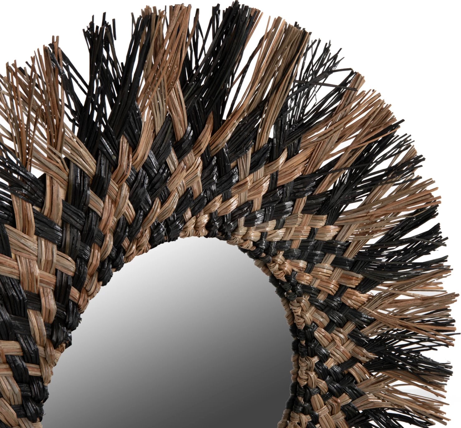 Pasqyrë muri e rrumbullakët, FH7833, kornizë e thurur nga bari Mendong, ngjyrë e zezë dhe natyrale, Φ70 cm