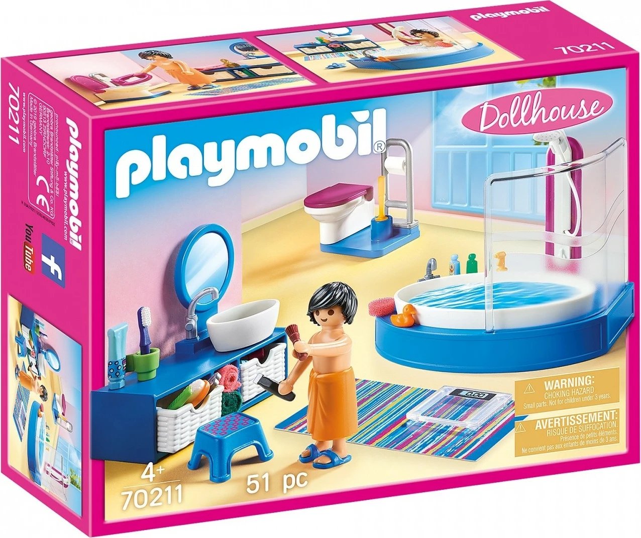 Set lodrash Playmobil Dollhouse 70211, banjo me vaskë, 51 pjesë