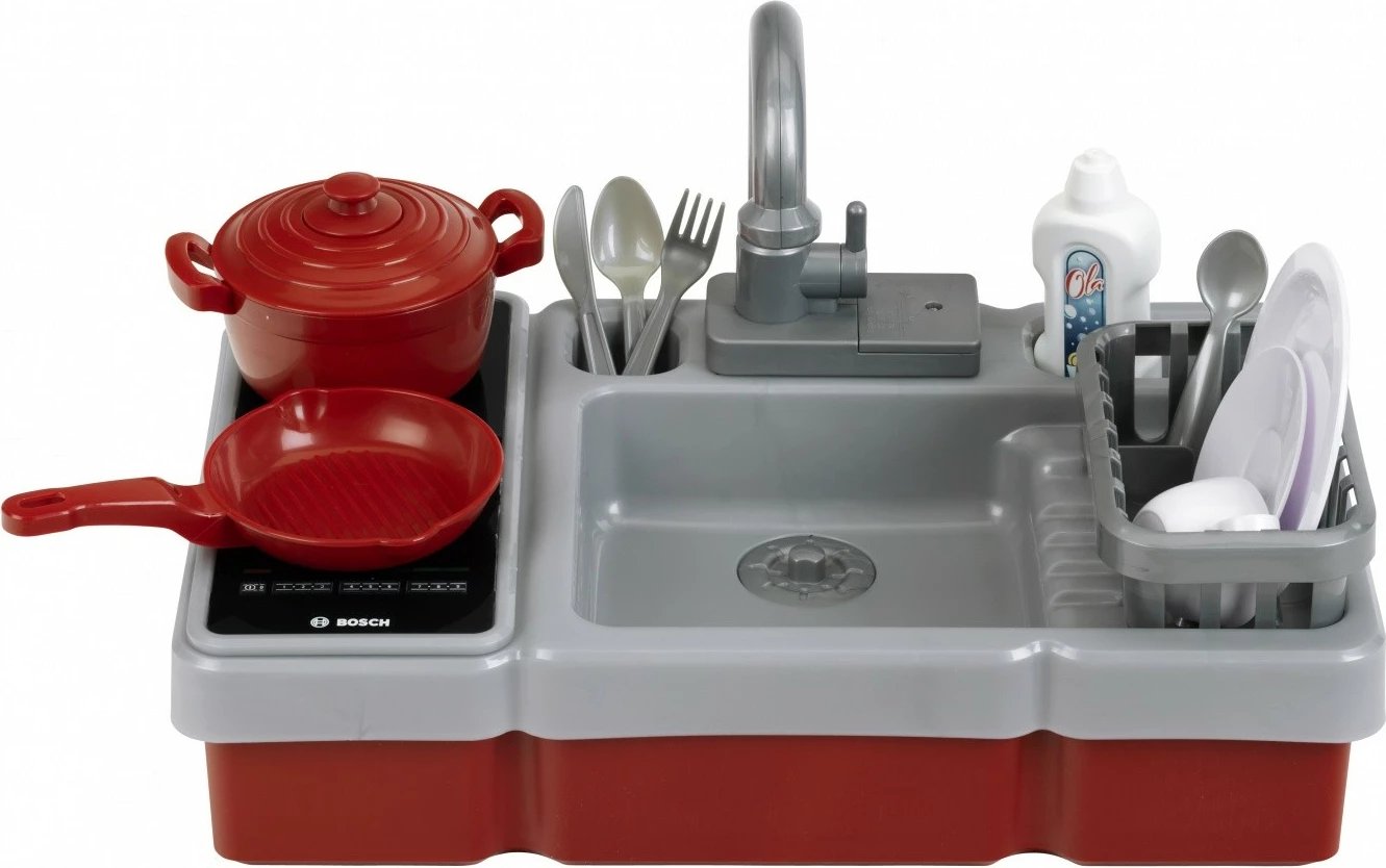 Lavaman kuzhine lodër, Klein 7110, pompë uji dhe drita/tinguj, set aksesorësh, e kuqe/argjendtë/zezë