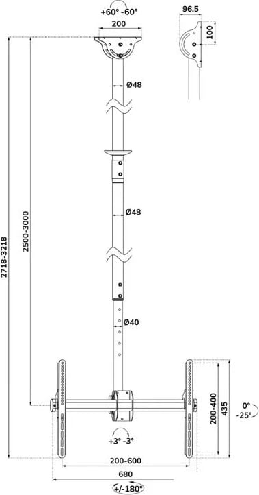 Mbajtës tavani për TV/monitor, Neomounts CL35-440BL16XL, 37-70 inch, deri 50 kg, lartësi 250-300 cm, pjerrësi 25° rrotullim 360°, e zezë